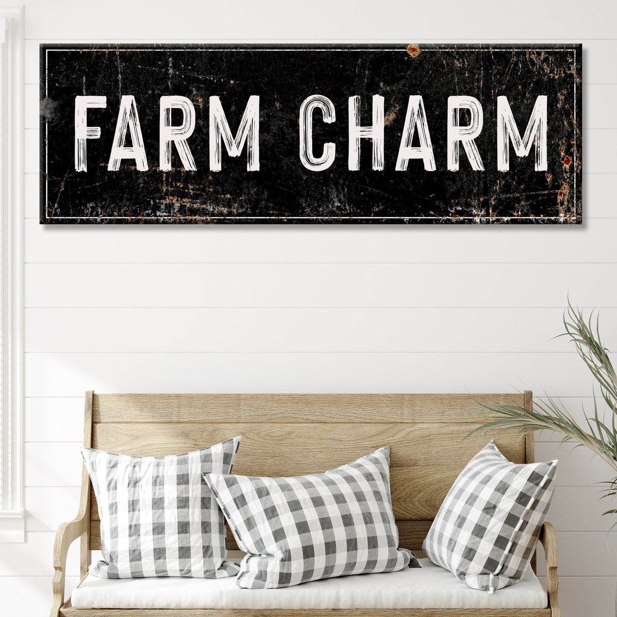Farm Charm Sign canvas by Tailored Canvases, distressed black background with white lettering on Tampa Home & Garden Store