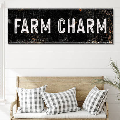 Farm Charm Sign canvas by Tailored Canvases, distressed black background with white lettering on Tampa Home & Garden Store