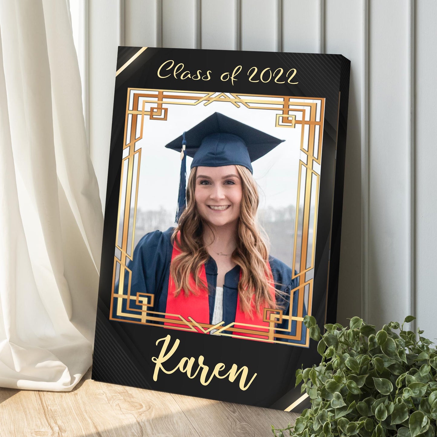 Canvas Graduation Gift Portrait Sign II with black background and gold geometric frame on Tampa Home & Garden Store