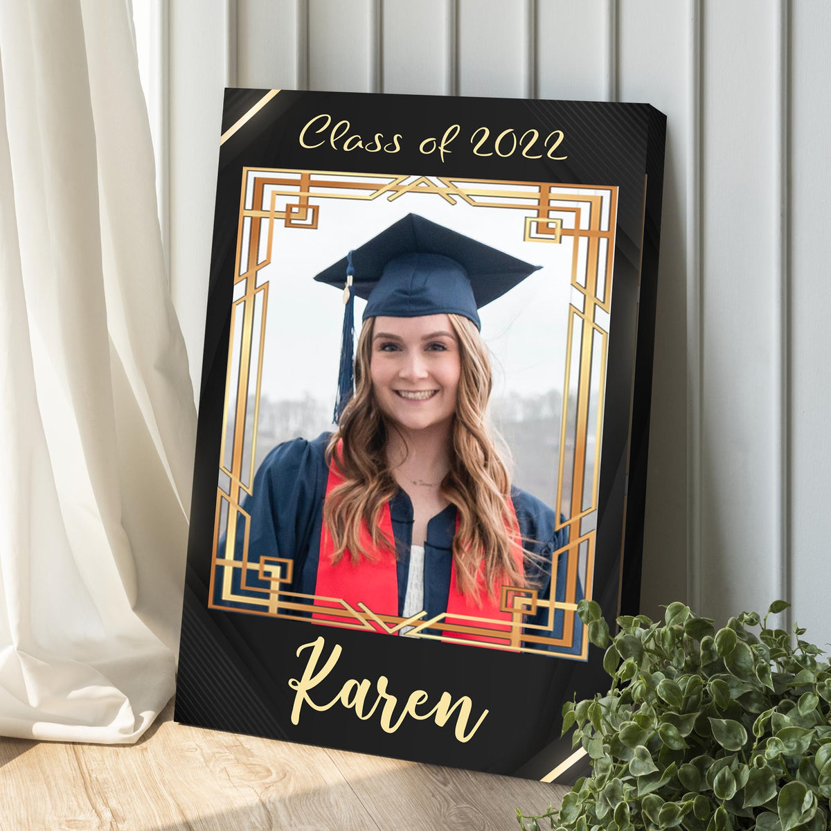 Canvas Graduation Gift Portrait Sign II with black background and gold geometric frame on Tampa Home & Garden Store