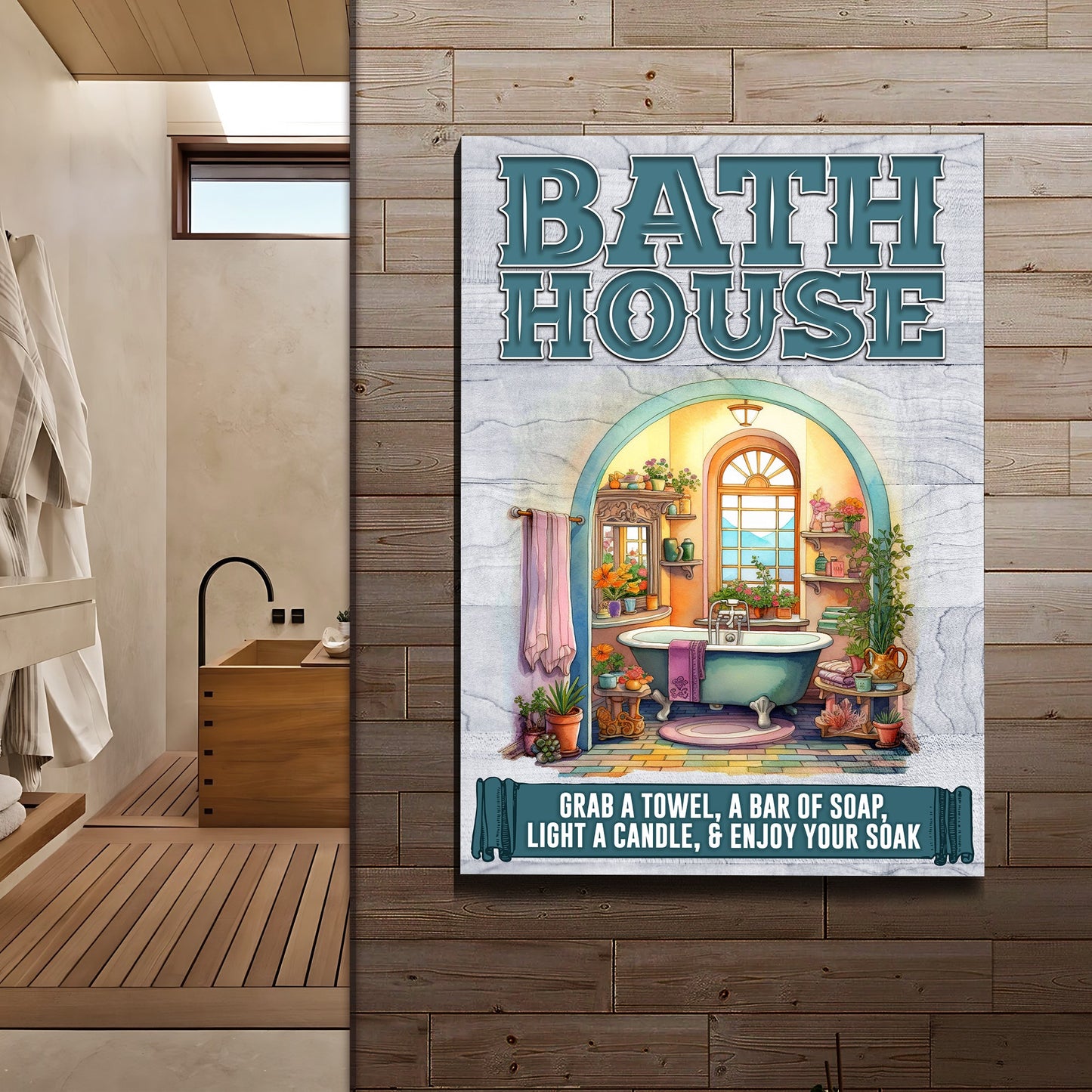 Bath House Sign canvas by Tailored Canvases with large teal BATH HOUSE lettering on gray panel on Tampa Home & Garden Store