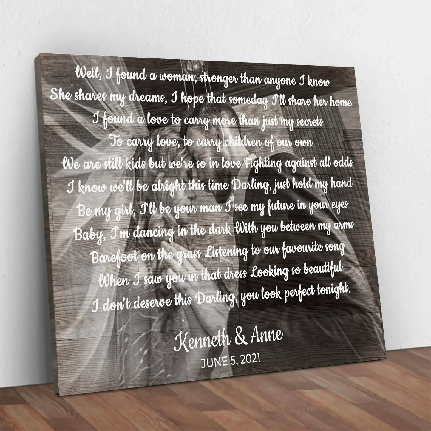Wedding Song Sign Canvas with rustic background and white script lyrics Tailored Canvases on Tampa Home & Garden Store