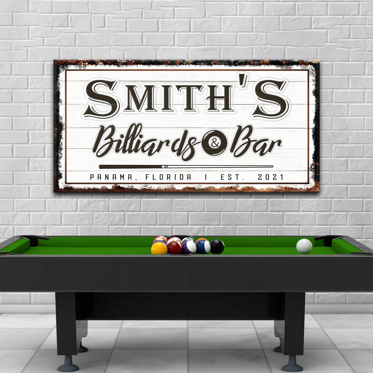 Billiards And Bar Sign canvas by Tailored Canvases with white wood panel design and distressed border on Tampa Home & Garden Store