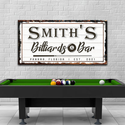Billiards And Bar Sign canvas by Tailored Canvases with white wood panel design and distressed border on Tampa Home & Garden Store