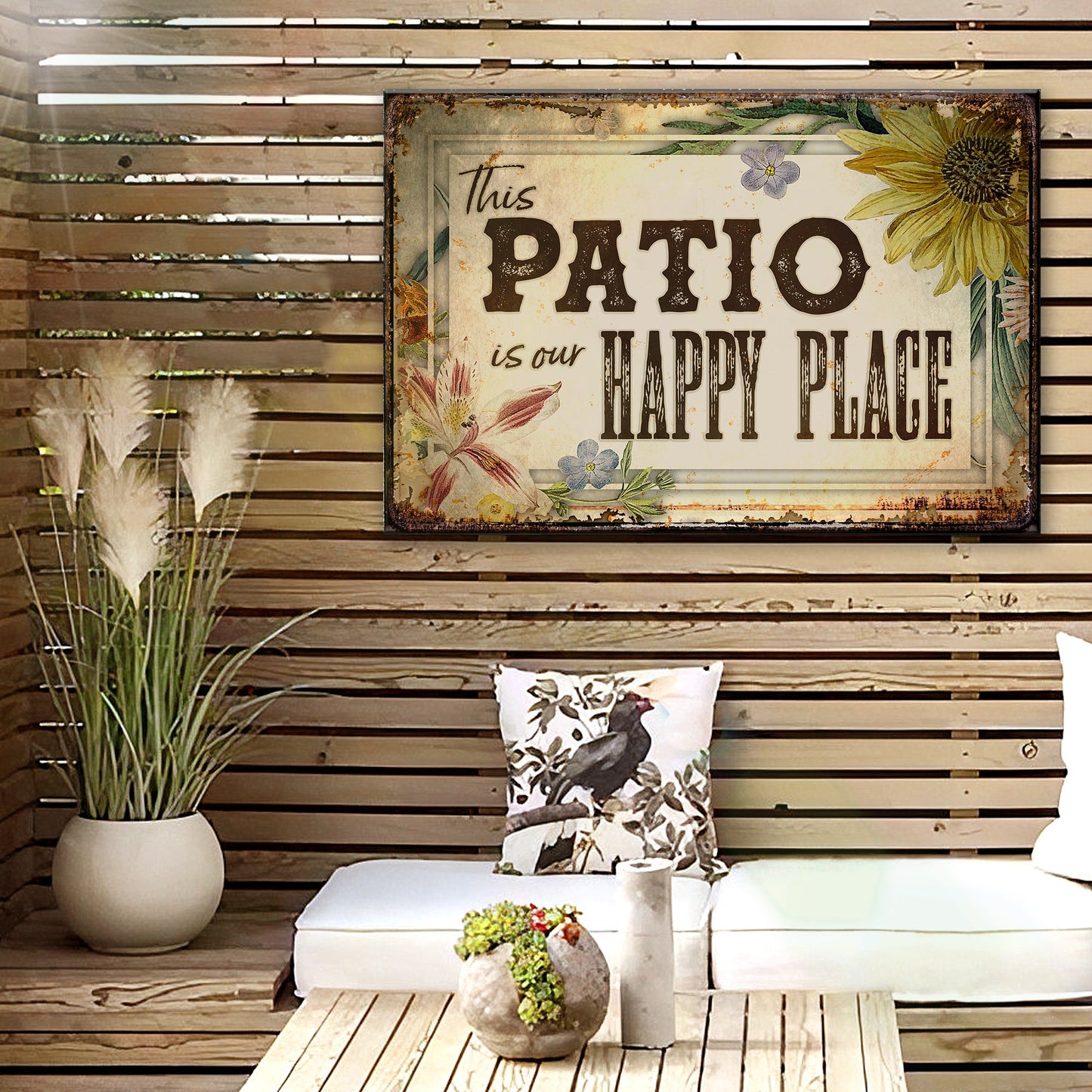 Canvas sign This Patio Is Our Happy Place with rustic frame and floral art Tailored Canvases on Tampa Home & Garden Store