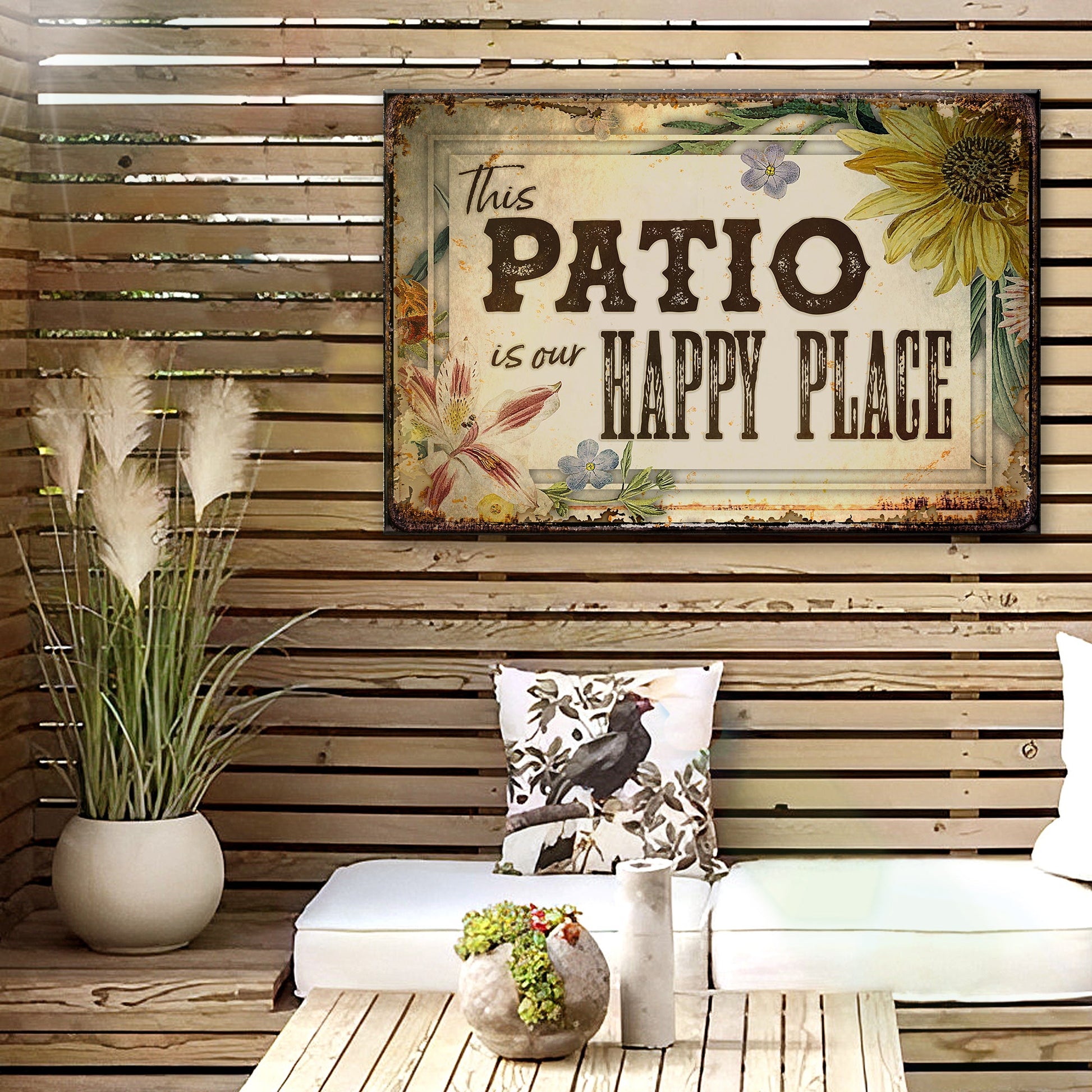Canvas sign This Patio Is Our Happy Place with rustic frame and floral art Tailored Canvases on Tampa Home & Garden Store