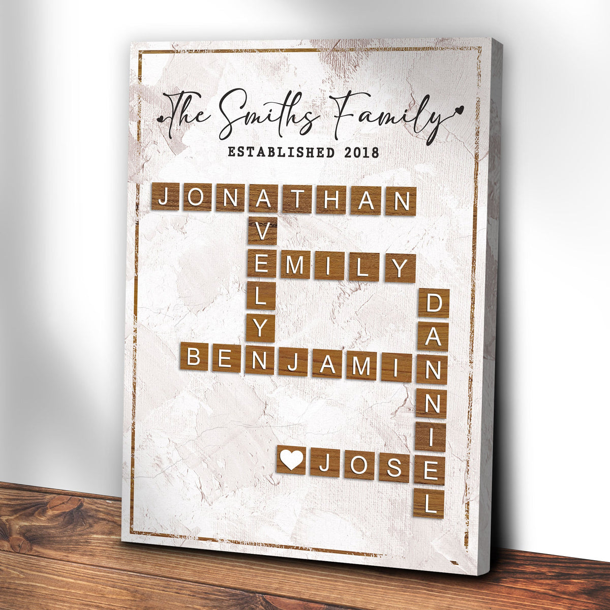 Scrabble Family Names Sign canvas by Tailored Canvases with wood tiles on cream backdrop Est 2018 on Tampa Home & Garden Store