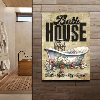 Wash Rinse Dry Repeat Bath House Sign canvas Tailored Canvases beige with black and bathtub on Tampa Home & Garden Store