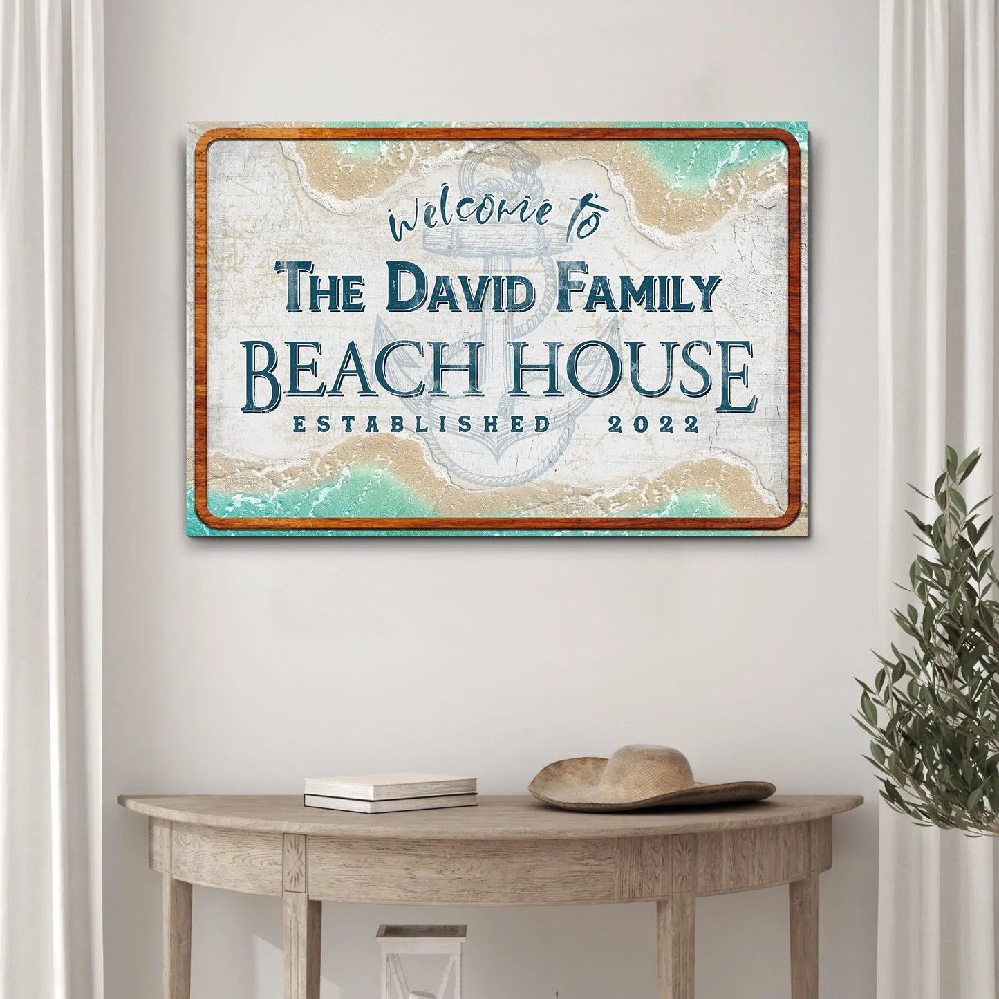 Welcome To Family Beach House Sign II canvas wall art with teal ocean hues and warm wood frame on Tampa Home & Garden Store
