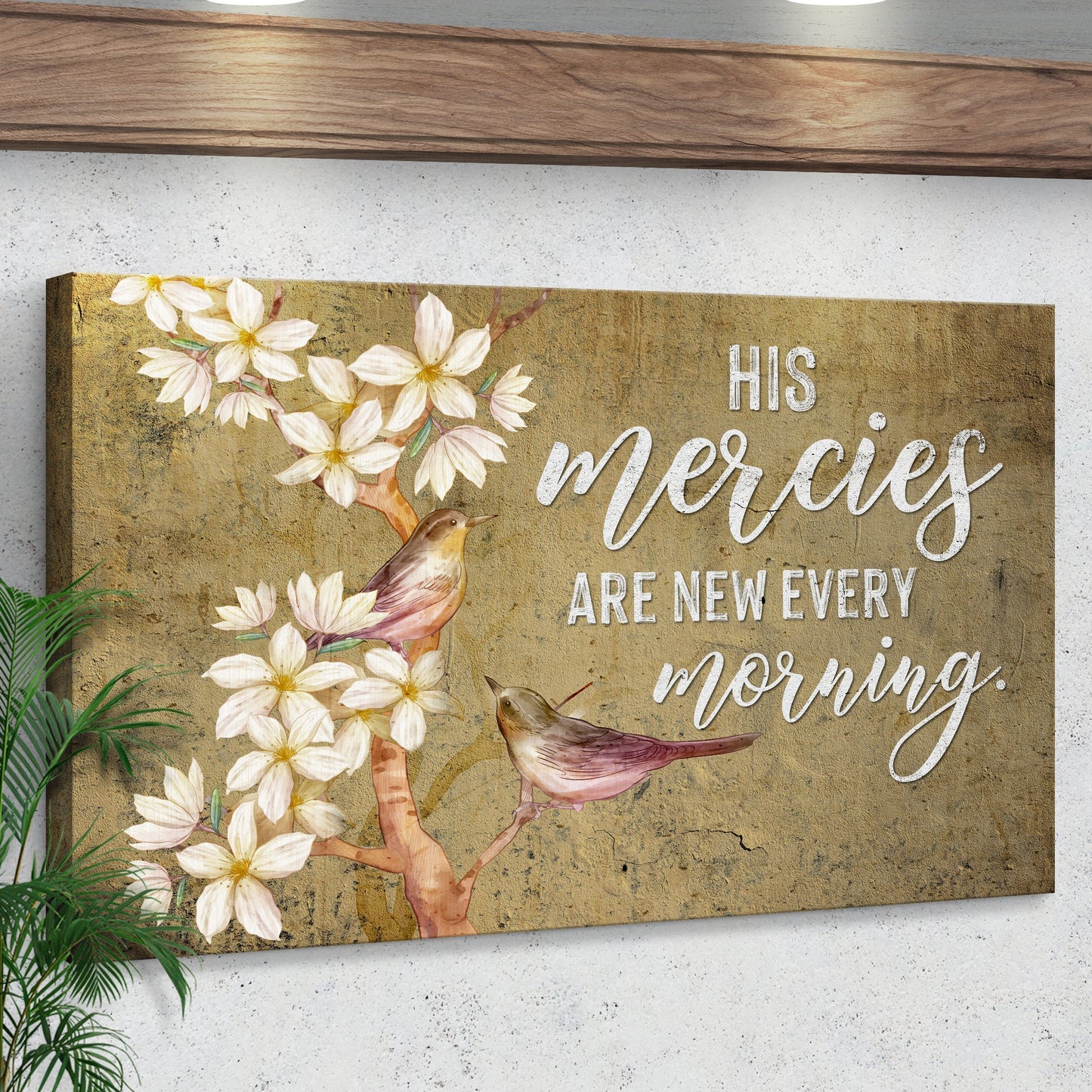 Canvas by Tailored Canvases with white flowers on gold and His Mercies Are New Every Morning on Tampa Home & Garden Store