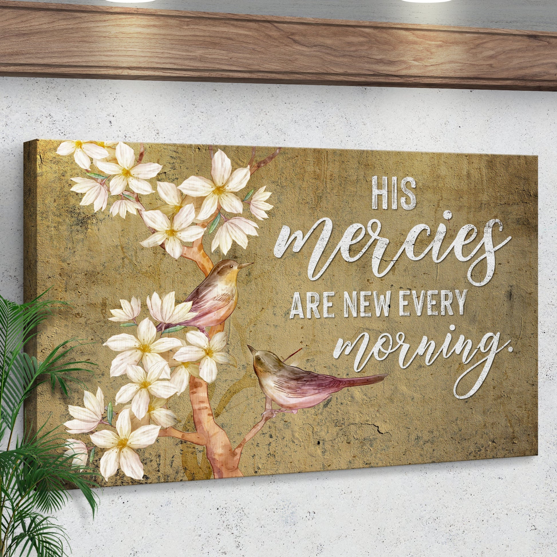 Canvas by Tailored Canvases with white flowers on gold and His Mercies Are New Every Morning on Tampa Home & Garden Store