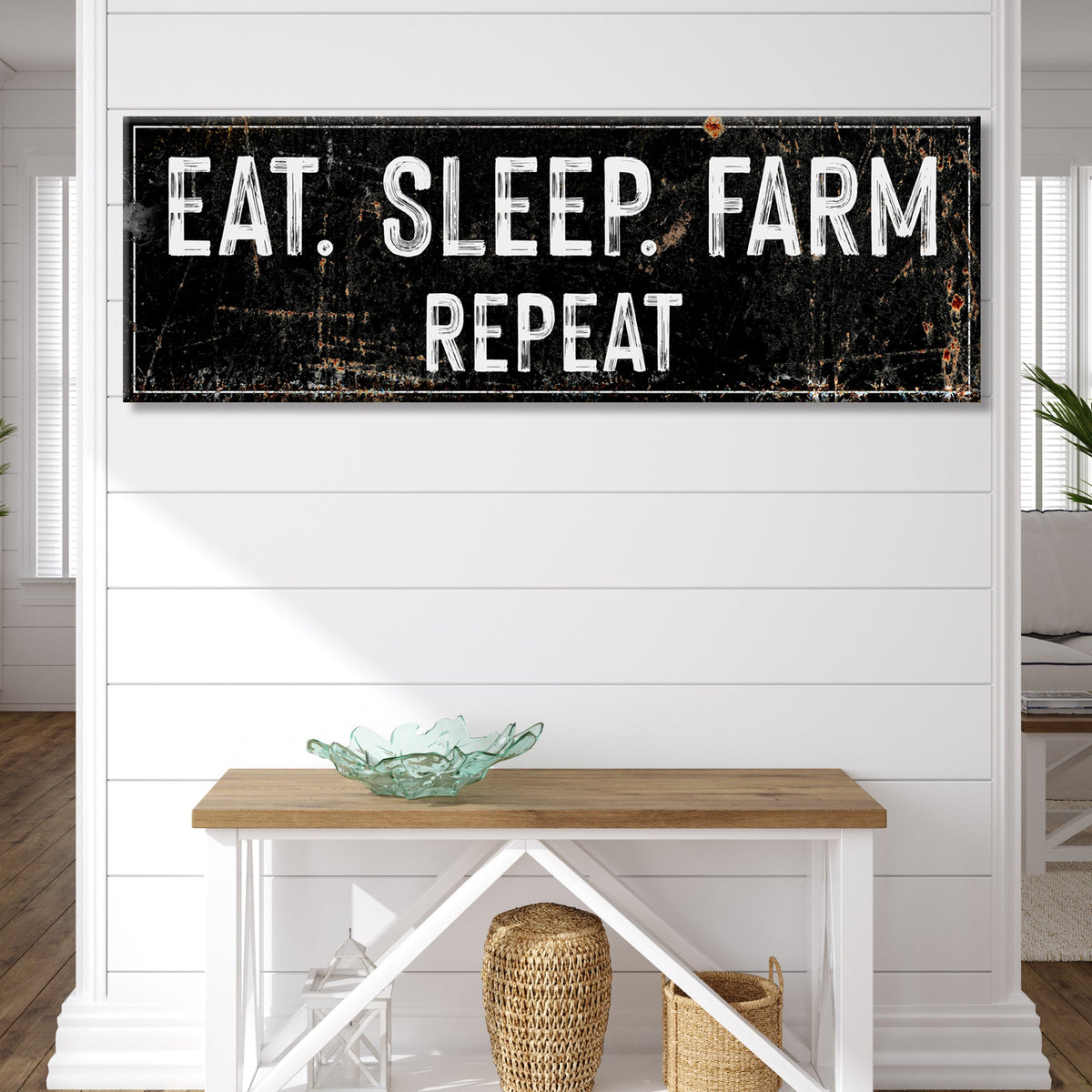 Eat Sleep Farm Repeat Sign canvas by Tailored Canvases, black background with white lettering on Tampa Home & Garden Store