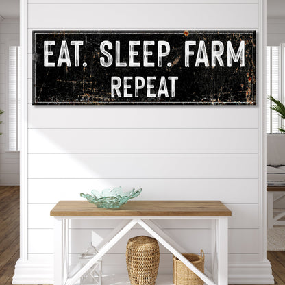 Eat Sleep Farm Repeat Sign canvas by Tailored Canvases, black background with white lettering on Tampa Home & Garden Store