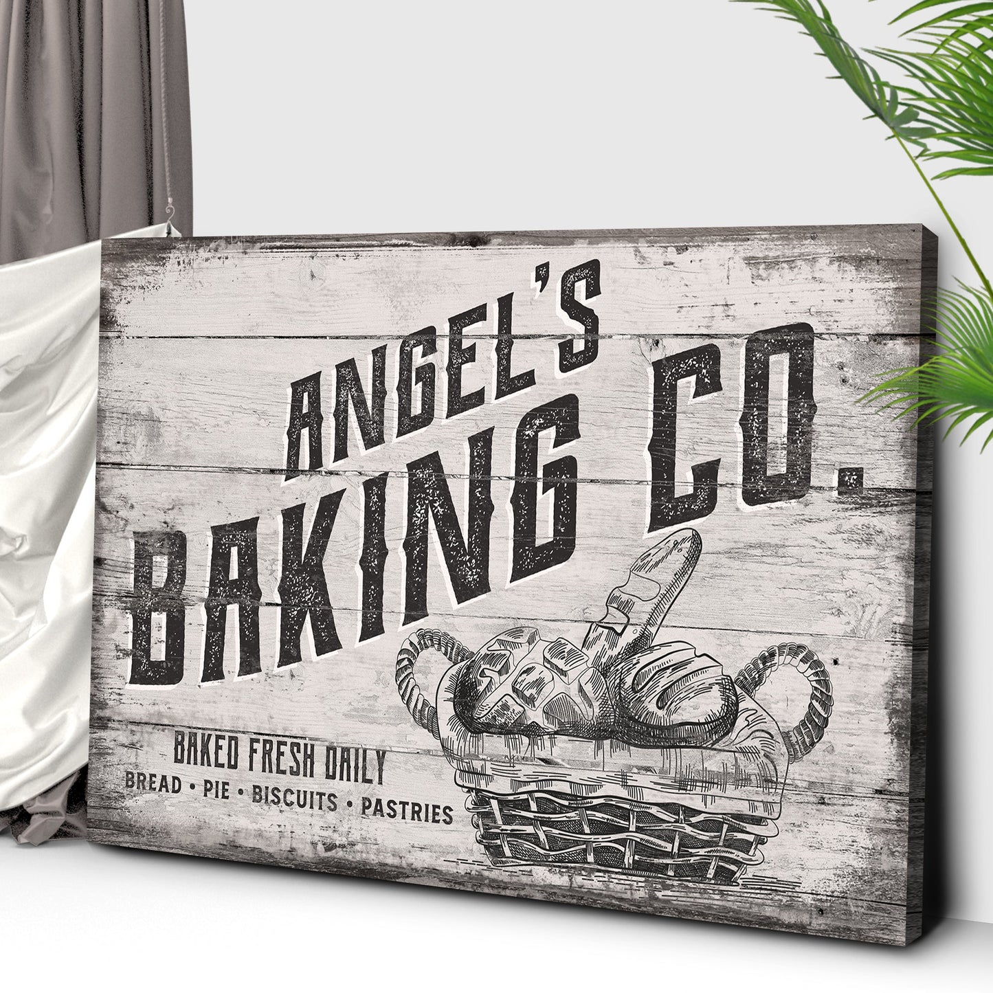 Baking Co Sign III canvas by Tailored Canvases with rustic wood plank and bread basket on Tampa Home & Garden Store
