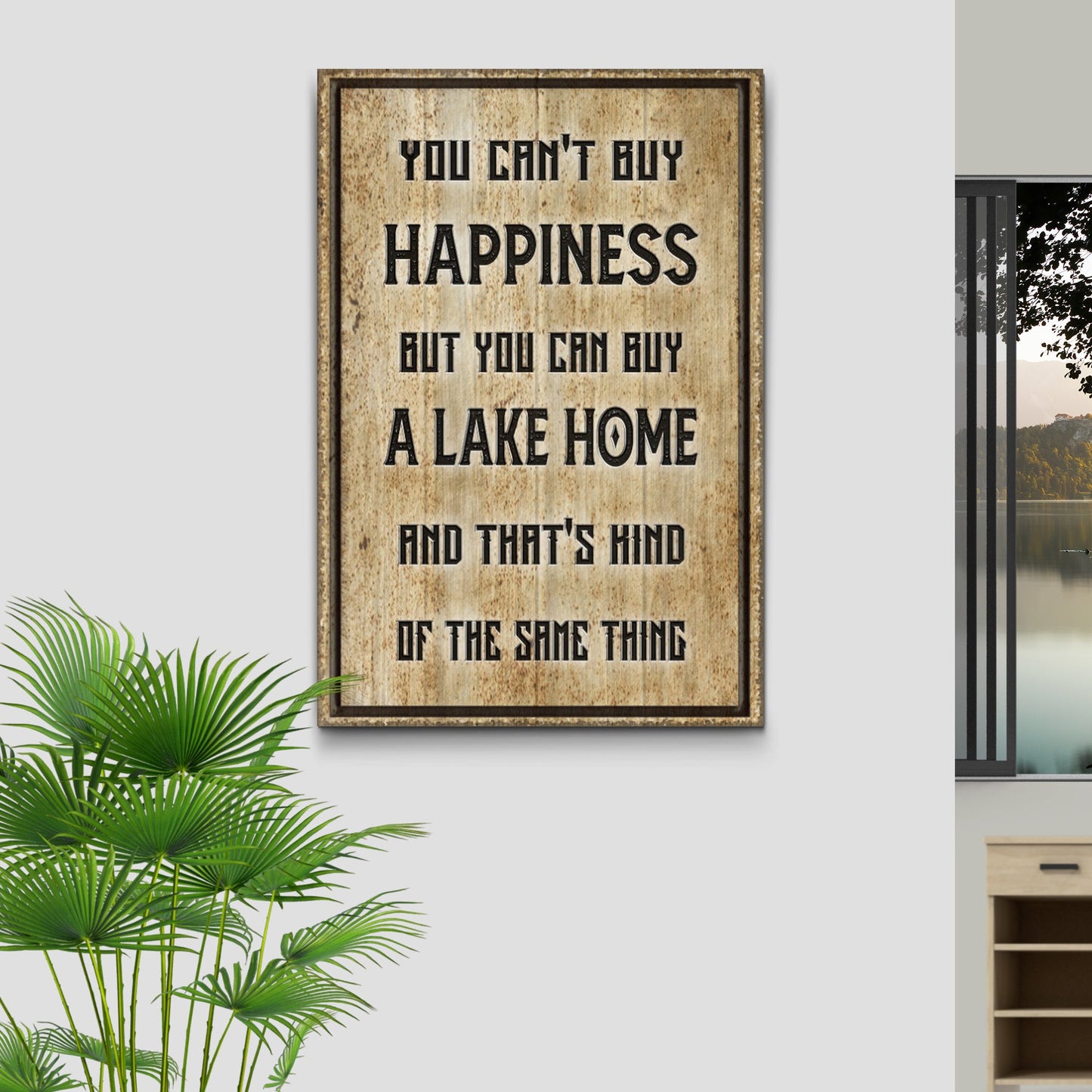 Lake Home Sign canvas by Tailored Canvases with weathered wood and bold black lettering on Tampa Home & Garden Store