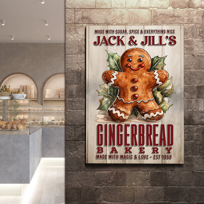 Canvas wall art Made With Magic & Love Bakery Sign by Tailored Canvases featuring a gingerbread figure and JACK & JILL'S lettering on a wood panel on Tampa Home & Garden Store