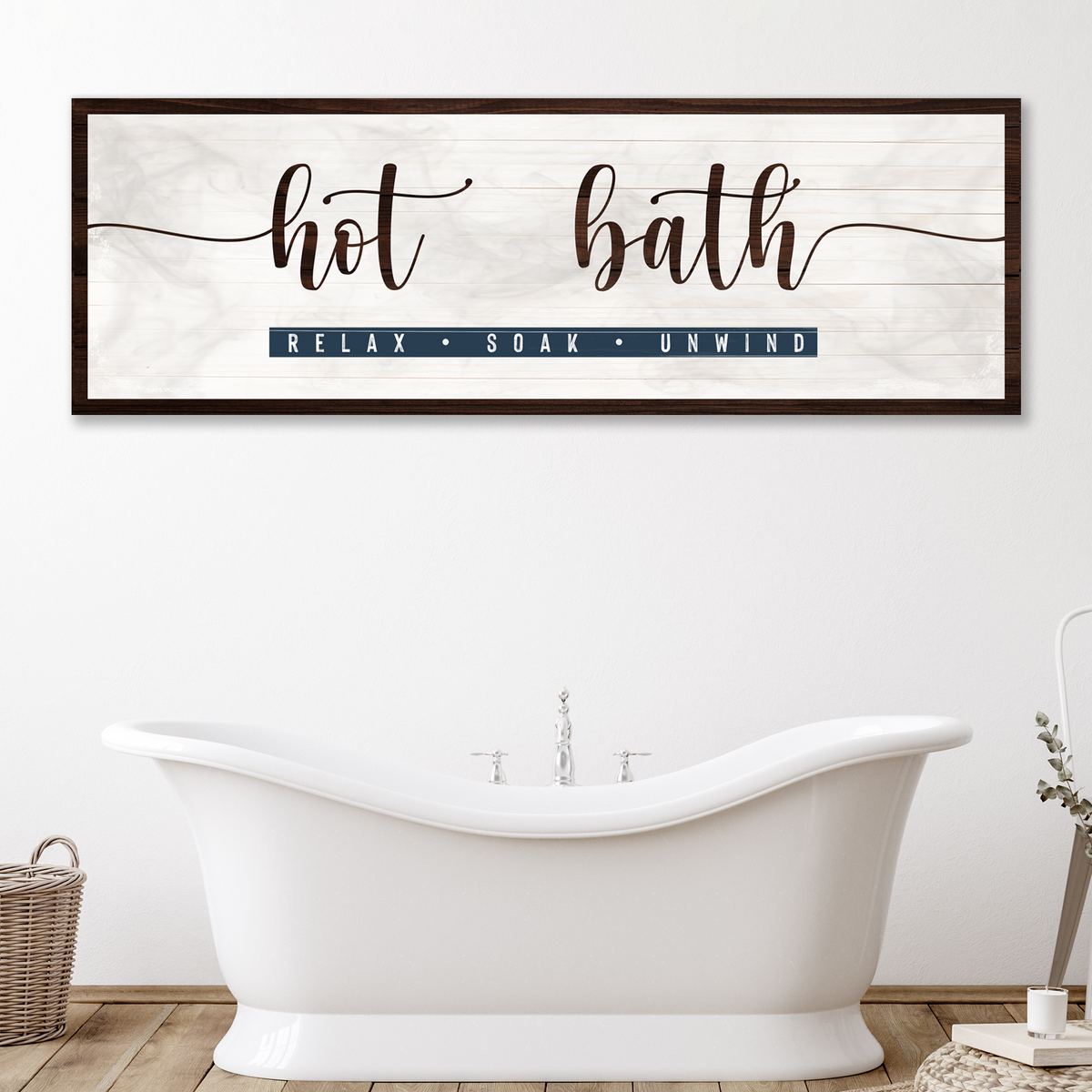 Hot Bath Sign canvas wall art by Tailored Canvases with dark wood frame and ribbon text on Tampa Home & Garden Store