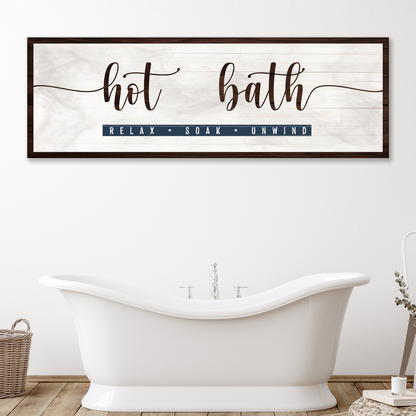 Hot Bath Sign canvas wall art by Tailored Canvases with dark wood frame and ribbon text on Tampa Home & Garden Store