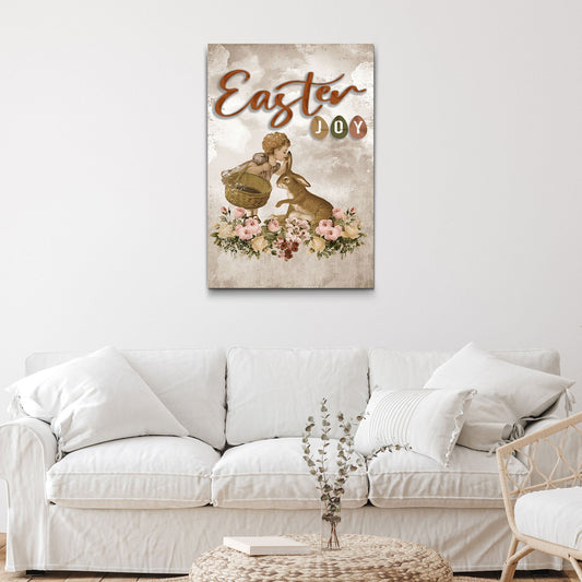 Tailored Canvases Easter Joy Sign II canvas with orange lettering, bunny and flowers on Tampa Home & Garden Store