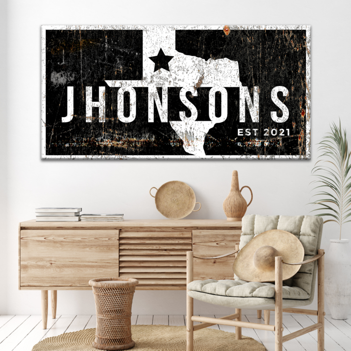 Texas family name sign canvas wall art with distressed black finish EST 2021 on Tampa Home & Garden Store