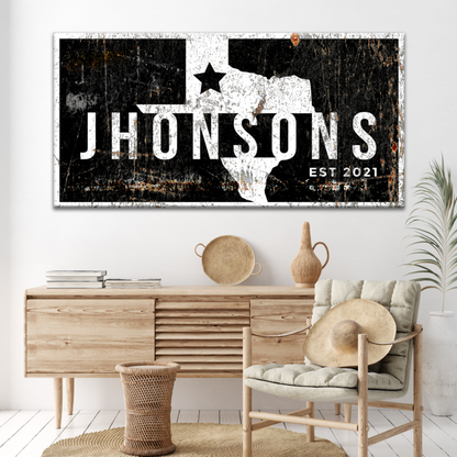 Texas family name sign canvas wall art with distressed black finish EST 2021 on Tampa Home & Garden Store