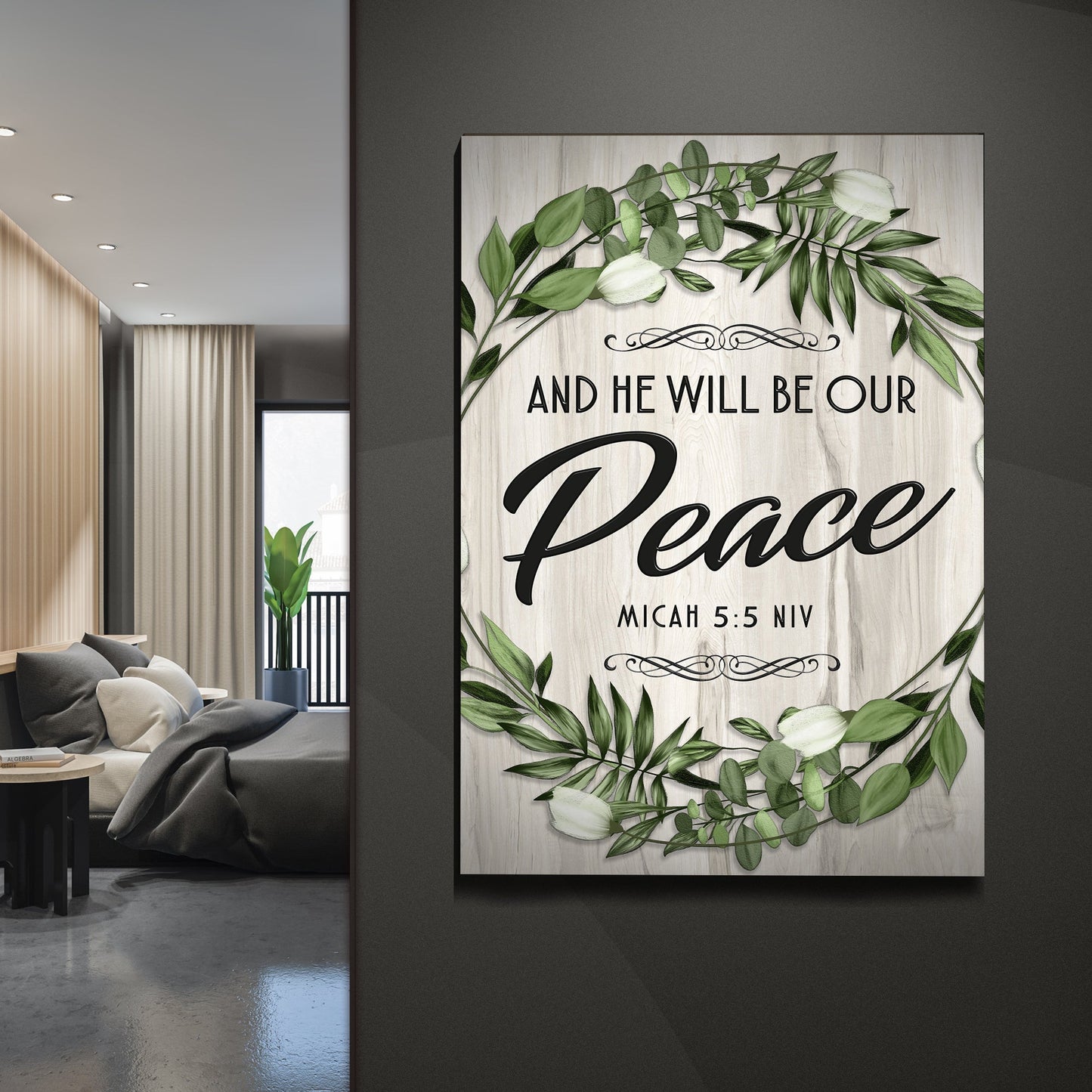 Micah 5:5 NIV And He Will Be Our Peace Canvas Tailored Canvases with greenery on wood panel on Tampa Home & Garden Store
