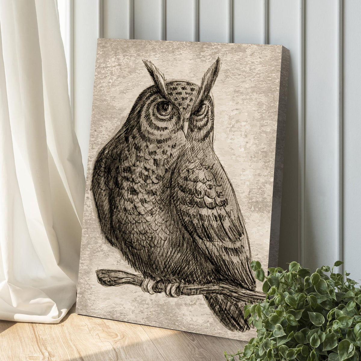 Owl pencil sketch portrait canvas wall art with beige speckled background on Tampa Home & Garden Store