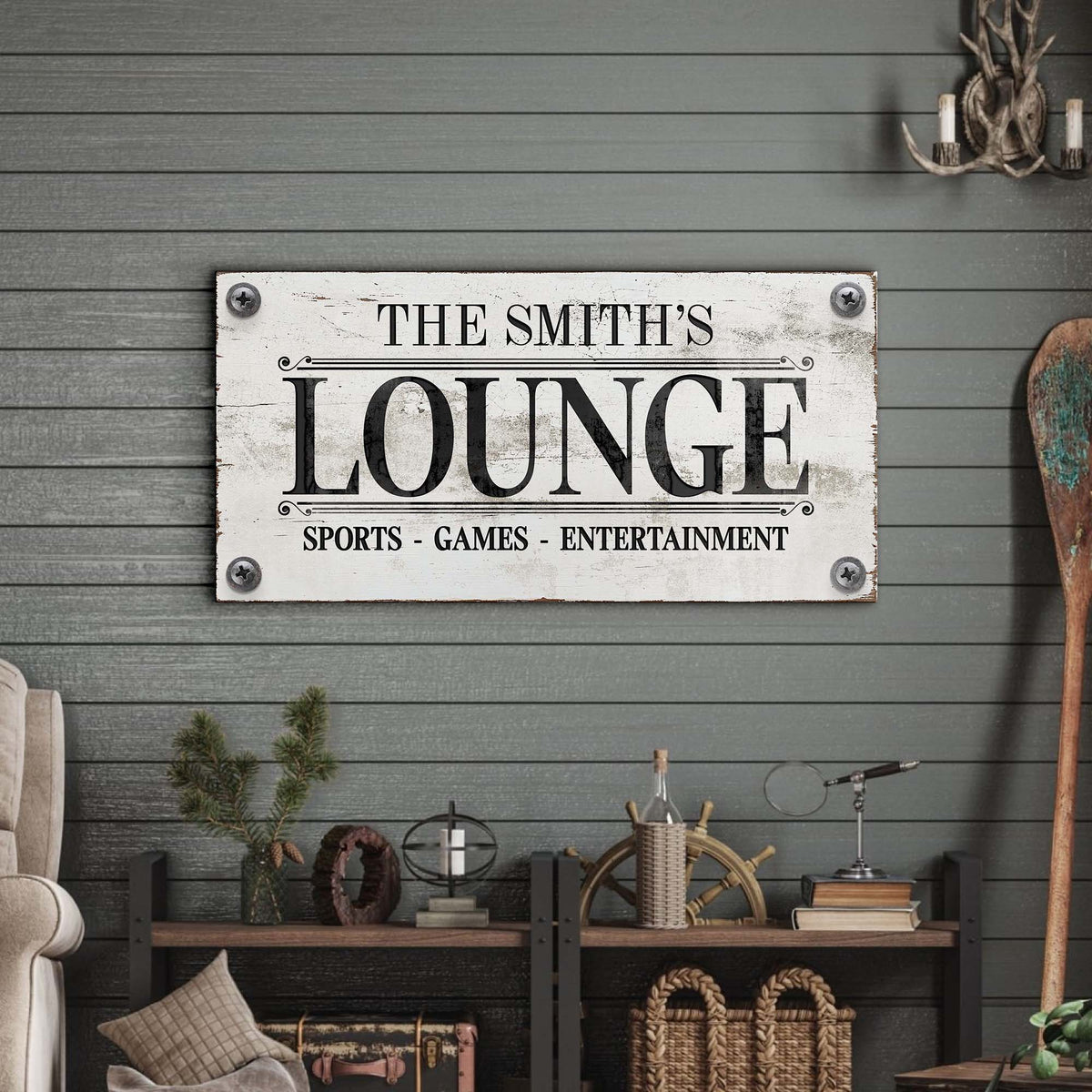 Family Sports Lounge Sign canvas with white panel and black typography Tailored Canvases on Tampa Home & Garden Store