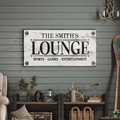 Family Sports Lounge Sign canvas with white panel and black typography Tailored Canvases on Tampa Home & Garden Store