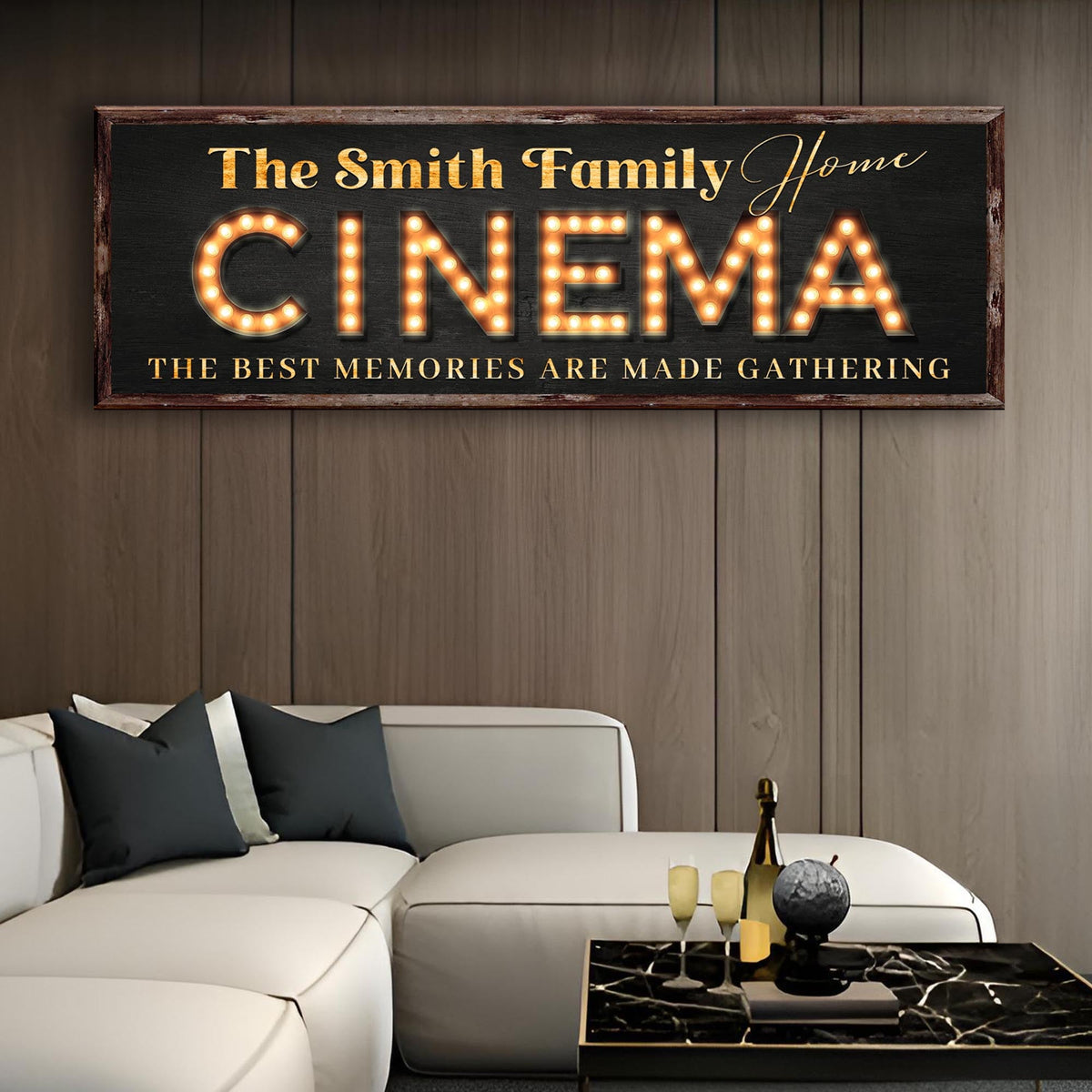 Family Home Cinema Sign canvas by Tailored Canvases, CINEMA marquee letters rustic frame on Tampa Home & Garden Store