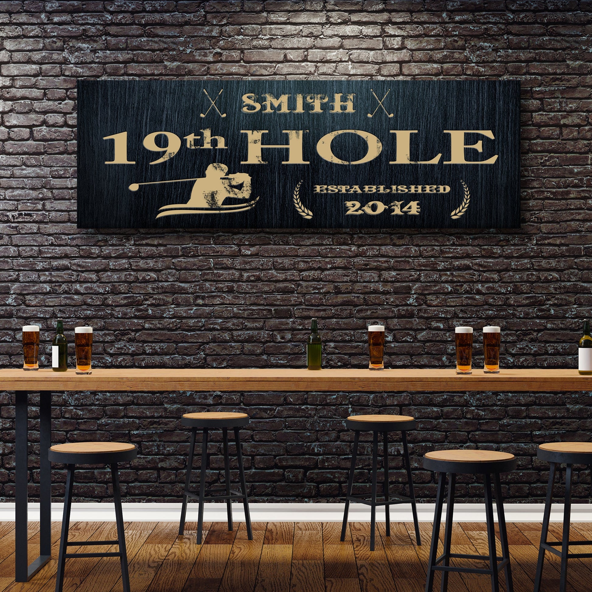 19th Hole sign canvas with gold lettering on dark wood background in a bar setup on Tampa Home & Garden Store