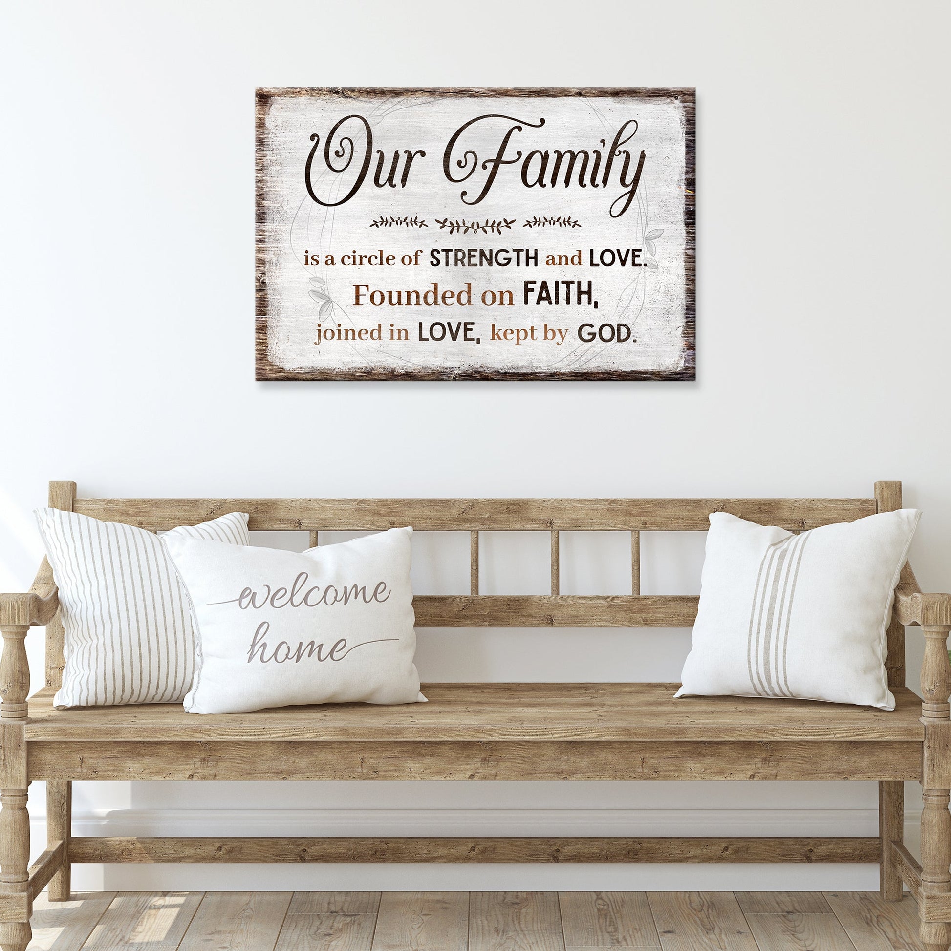 Family Is A Circle Of Strength And Love Sign II canvas wall art in rustic whitewash on Tampa Home & Garden Store
