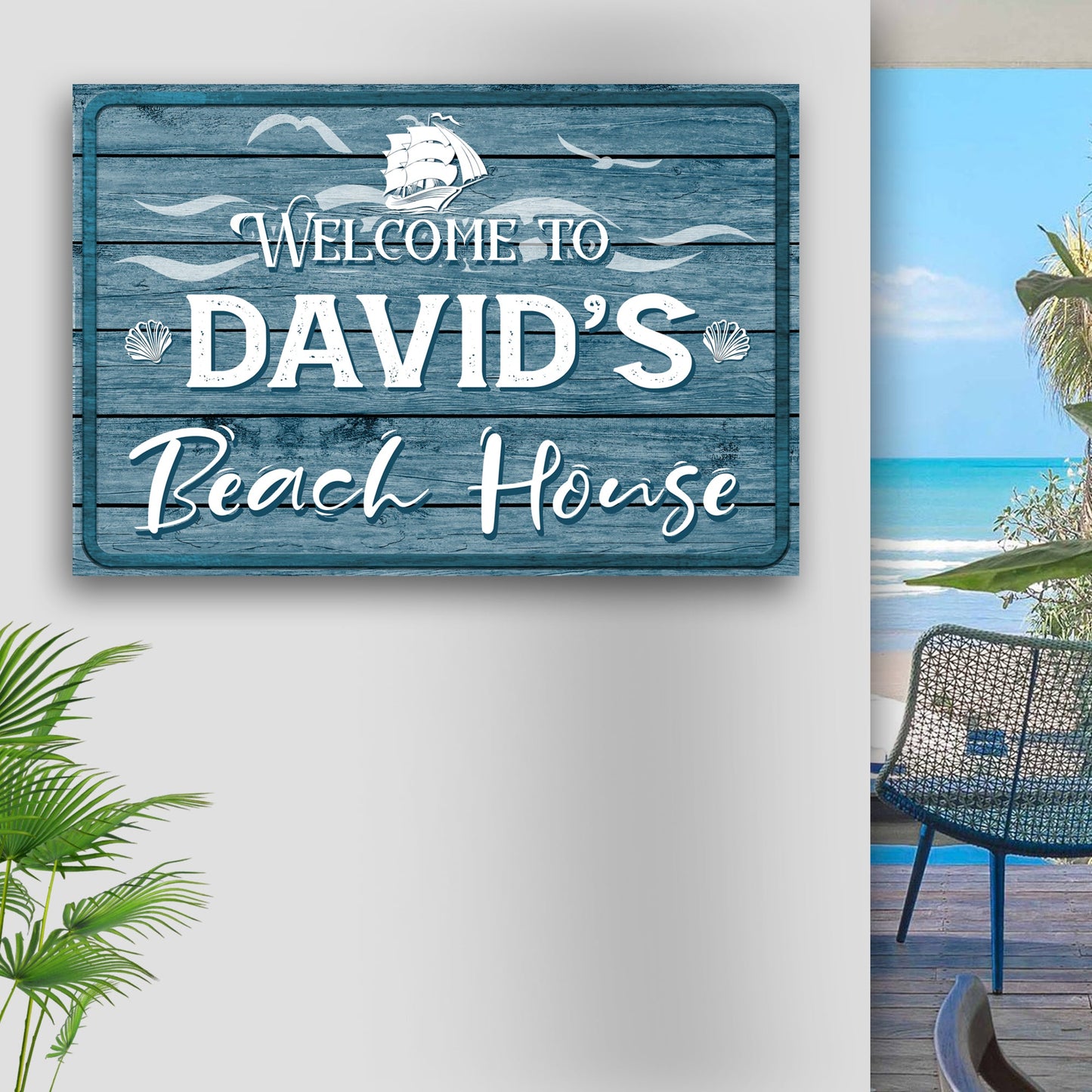 Beach House Welcome Sign canvas, blue distressed wood with white lettering, Tailored Canvases on Tampa Home & Garden Store