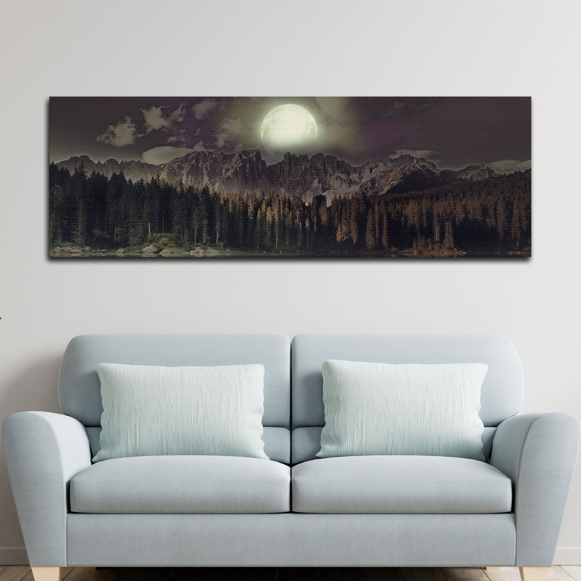 Full Moon Setting Canvas Wall Art moonlit mountain range over a dense forest on Tampa Home & Garden Store