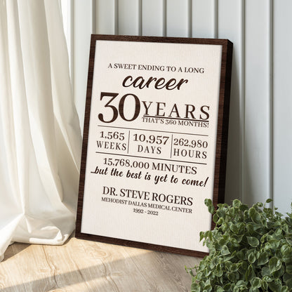 A Sweet Ending To A Long Career sign canvas with crackled beige panel in a dark wood frame on Tampa Home & Garden Store