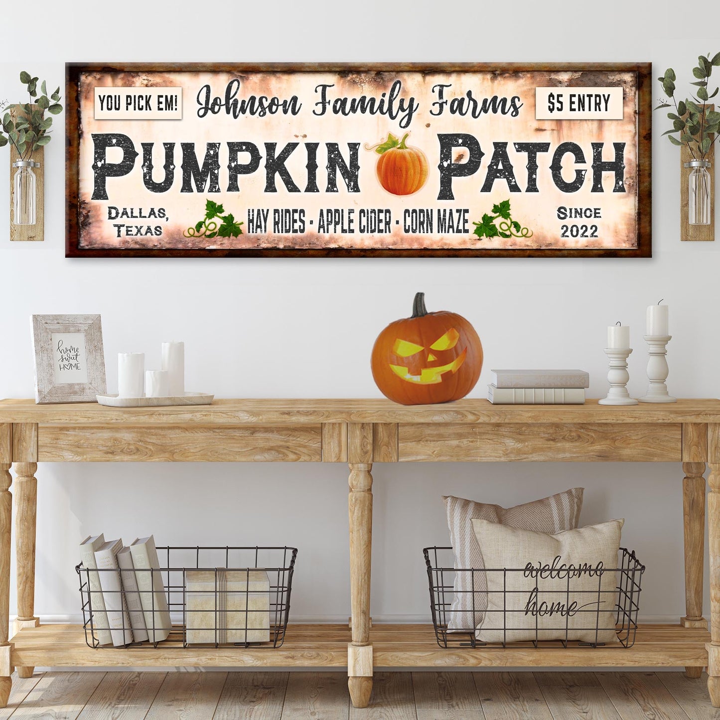 Family Farms Pumpkin Patch sign canvas with distressed beige and large PUMPKIN PATCH lettering on Tampa Home & Garden Store