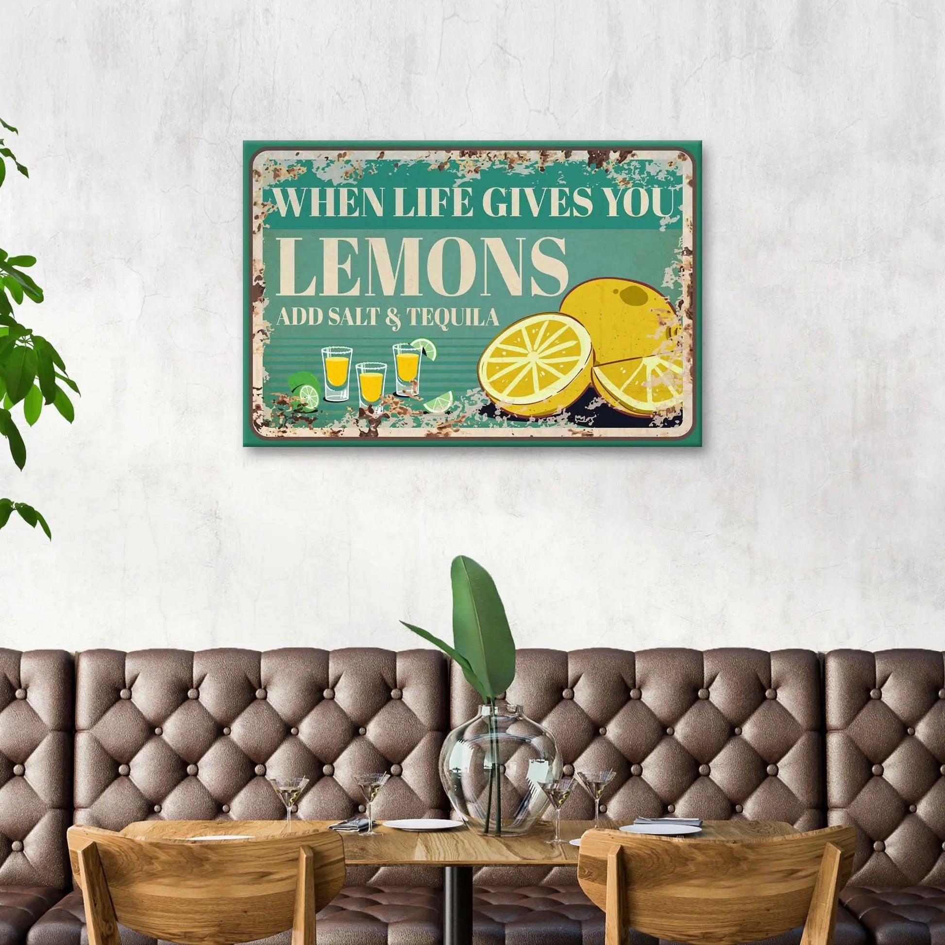 Canvas When Life Gives You Lemons Tailored Canvases teal lemon art crafting canvas above sofa on Tampa Home & Garden Store