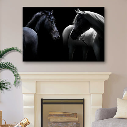 Monochromatic Horses Canvas Wall Art Tailored Canvases, two horses facing on black background on Tampa Home & Garden Store