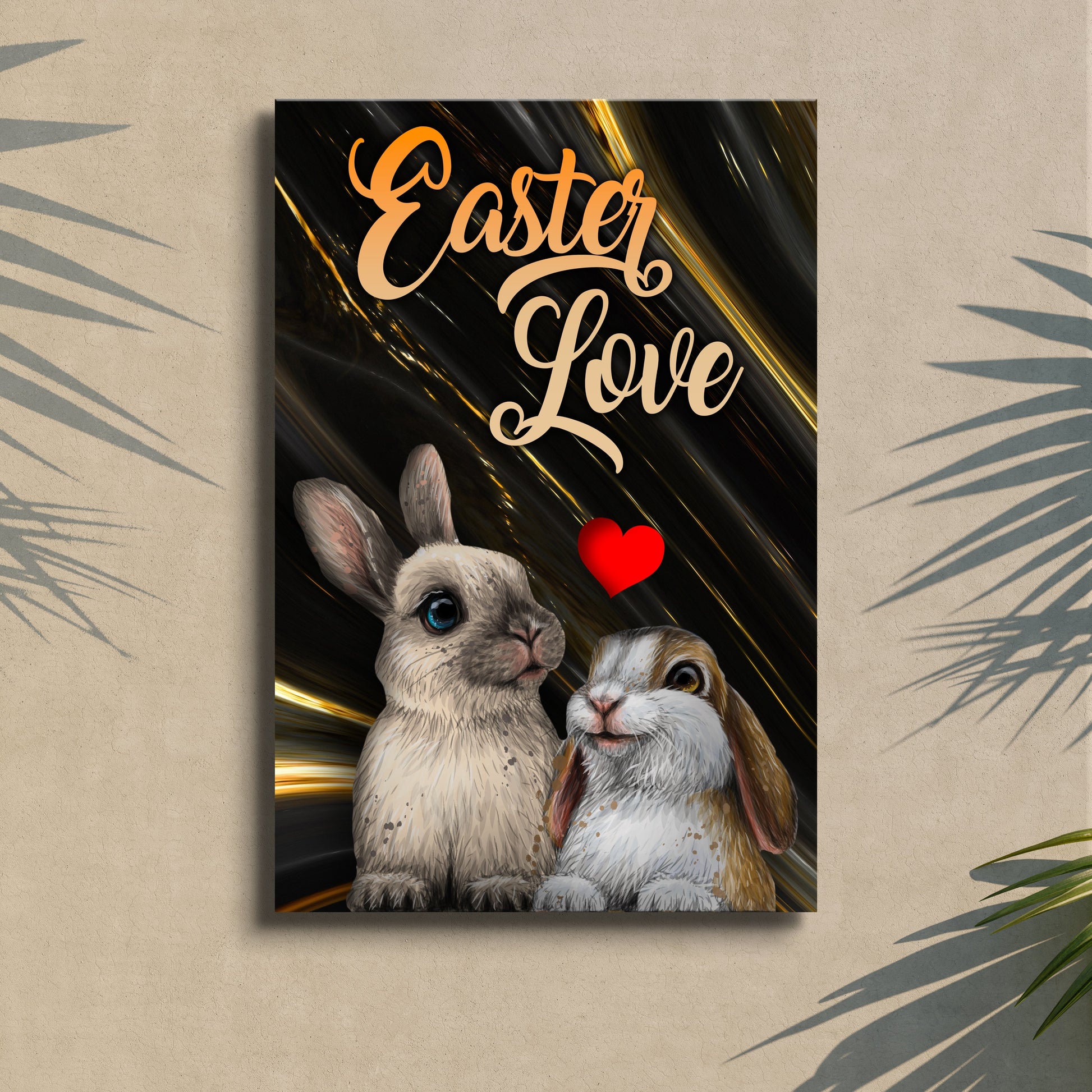 Easter Love Sign canvas by Tailored Canvases gold script on dark swirled background with rabbits on Tampa Home & Garden Store
