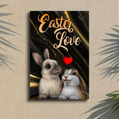 Easter Love Sign canvas by Tailored Canvases gold script on dark swirled background with rabbits on Tampa Home & Garden Store