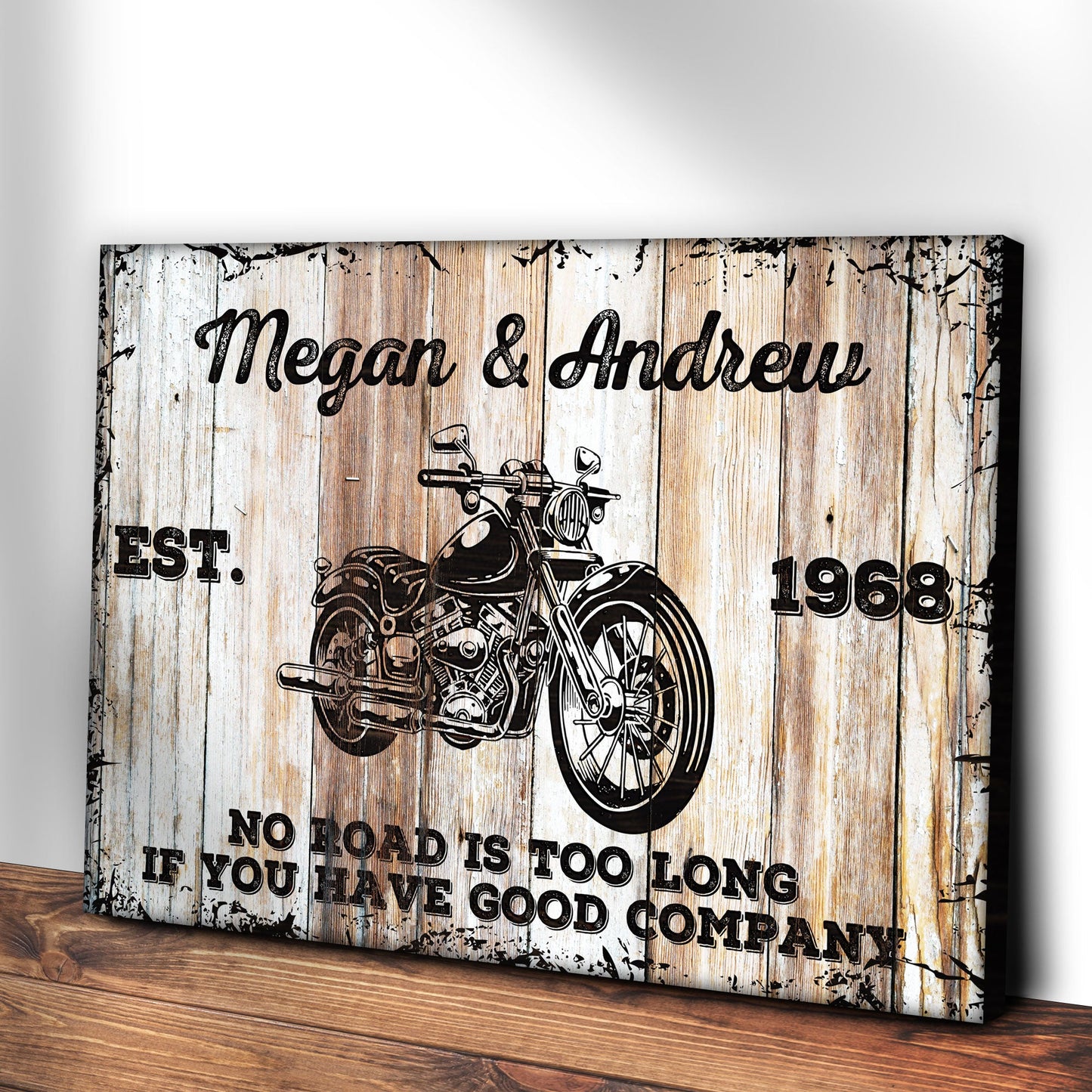 Motorcycle wood sign canvas by Tailored Canvases with rustic planks and vintage motorcycle illustration on Tampa Home & Garden Store