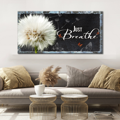 Just Breathe Sign canvas by Tailored Canvases with black background and dandelion butterflies on Tampa Home & Garden Store