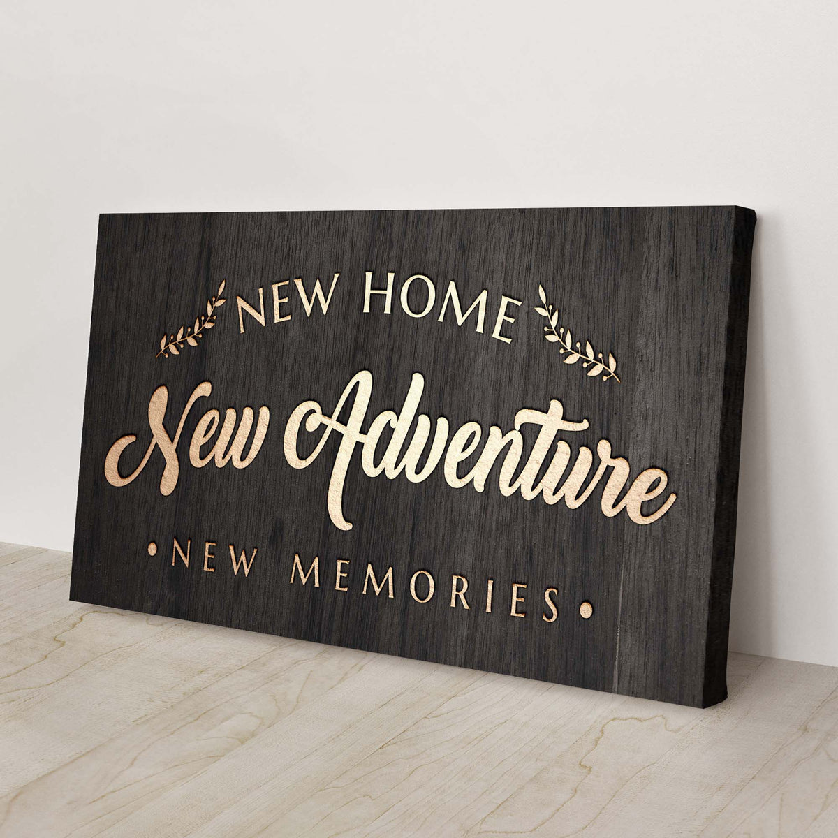 Canvas sign with copper script reading New Home New Adventure New Memories on dark wood grain on Tampa Home & Garden Store