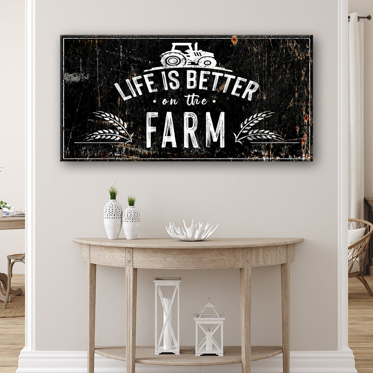 Life Is Better On The Farm Sign II canvas by Tailored Canvases in distressed black on Tampa Home & Garden Store