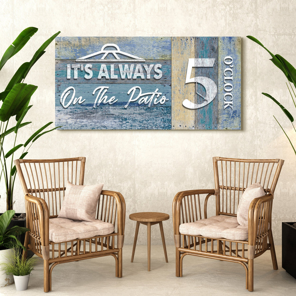 Canvas sign It's Always 5 O'Clock On The Patio II by Tailored Canvases, blue distressed panels on Tampa Home & Garden Store