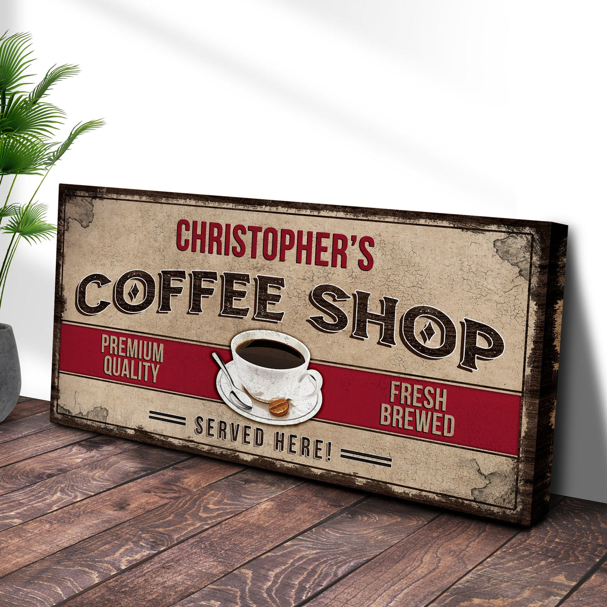 Coffee Shop Sign canvas by Tailored Canvases showing Christopher's Coffee Shop poster and cup on Tampa Home & Garden Store