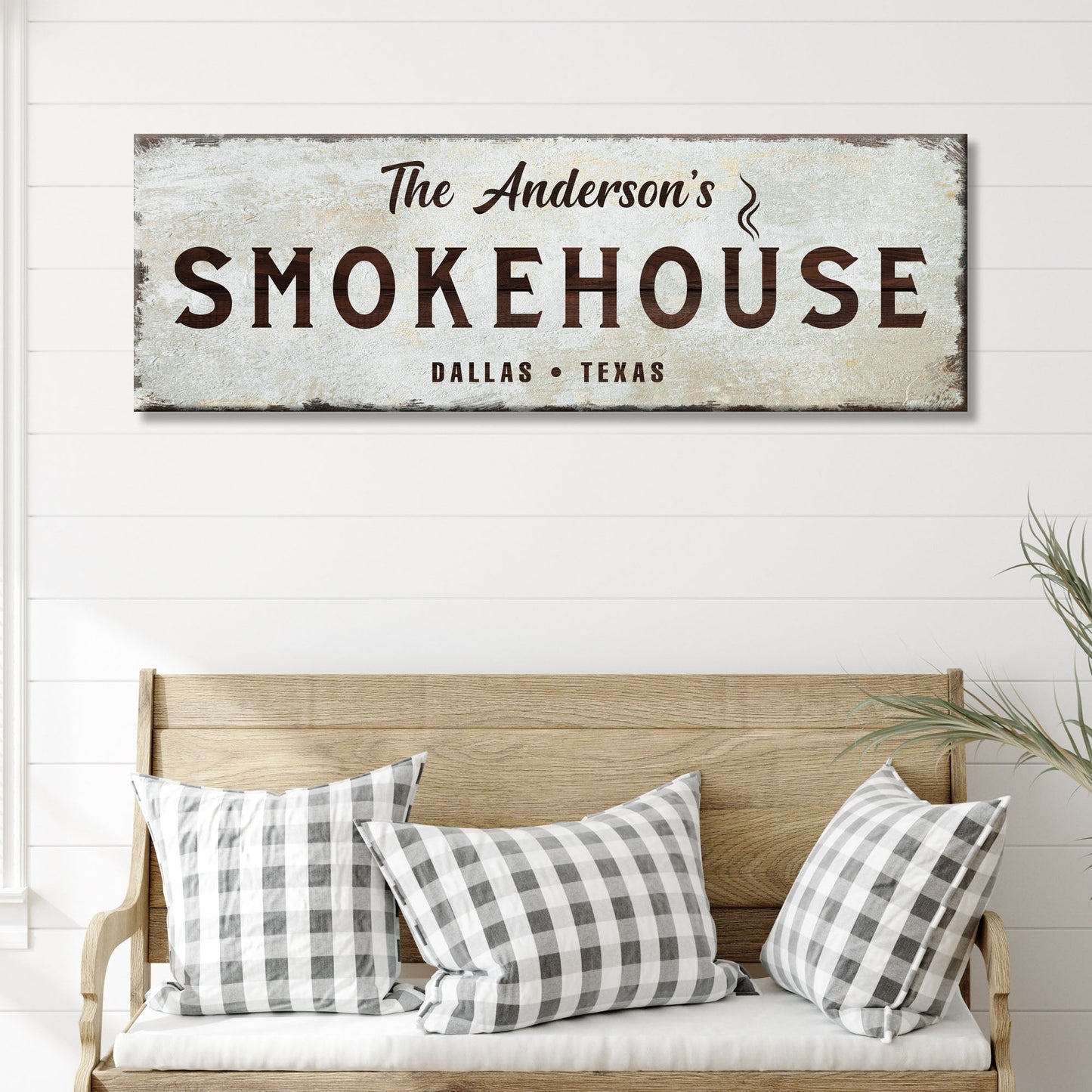 Family Smokehouse Sign canvas wall art with rustic weathered gray finish and bold brown lettering on Tampa Home & Garden Store