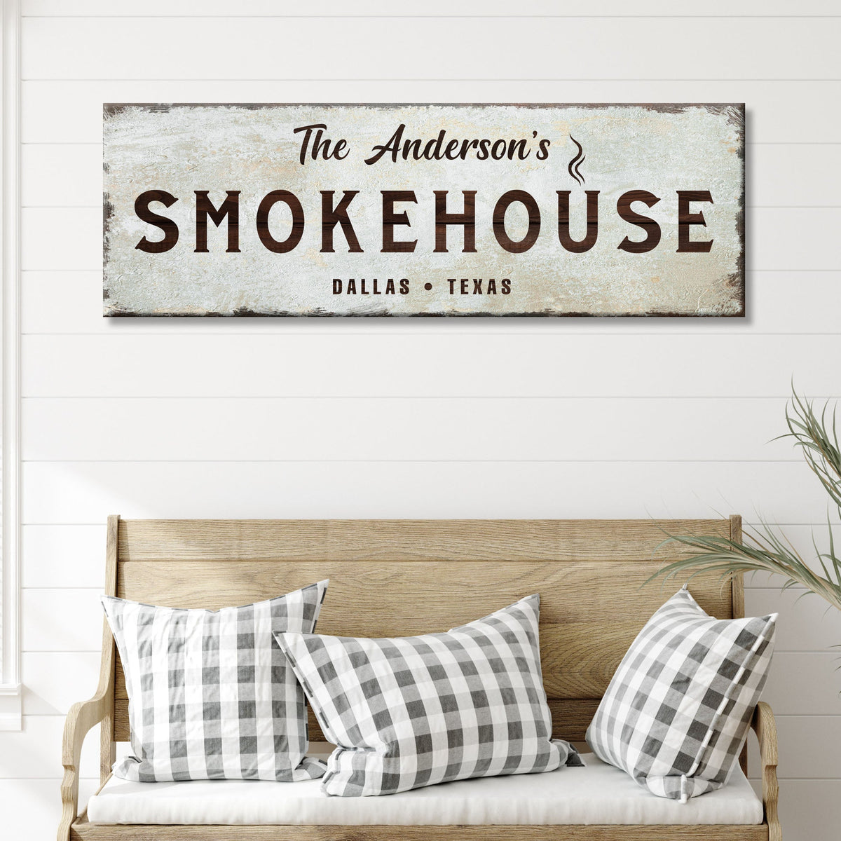 Family Smokehouse Sign canvas wall art with rustic weathered gray finish and bold brown lettering on Tampa Home & Garden Store