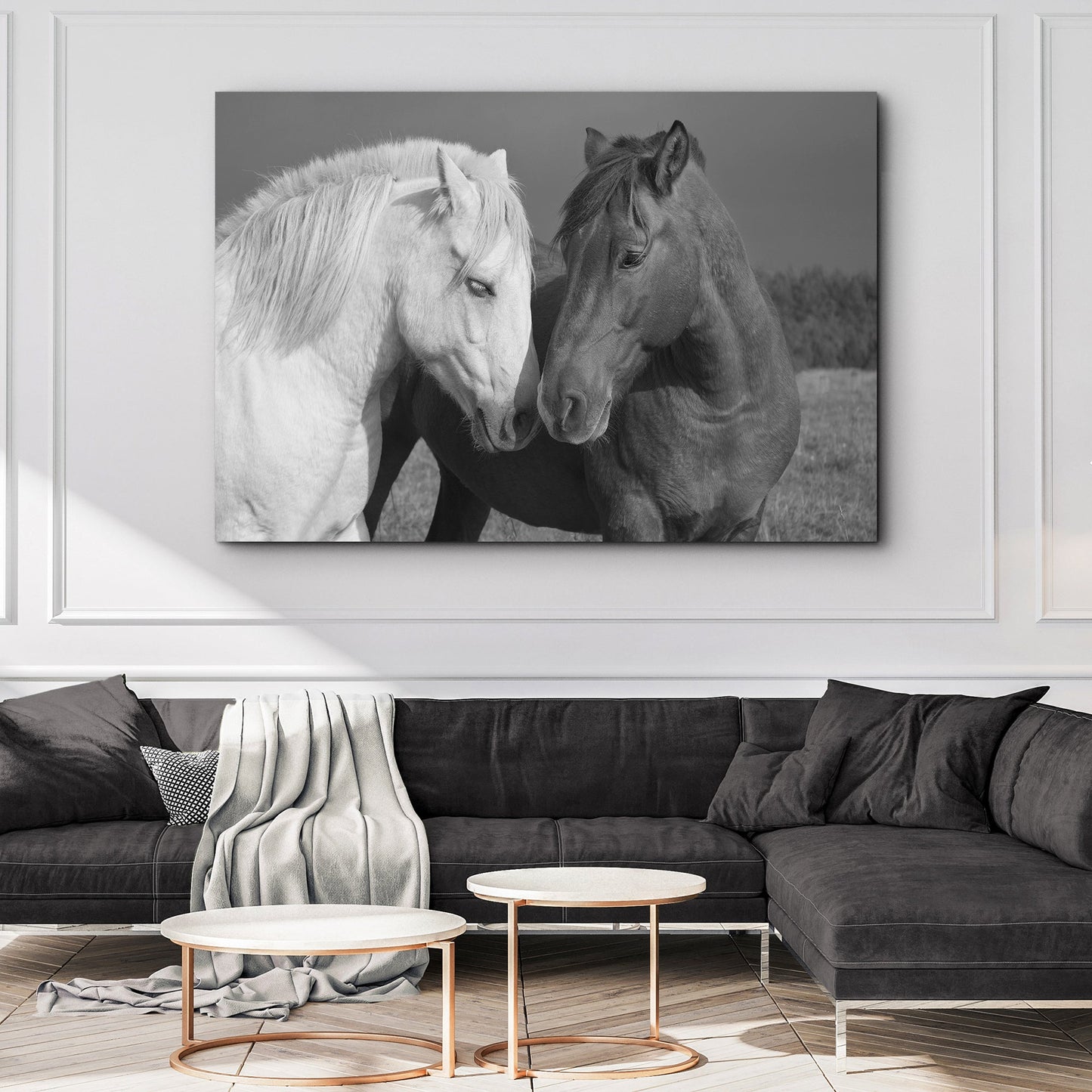 Horse Love Canvas Wall Art by Tailored Canvases, grayscale image of two horses nuzzling on Tampa Home & Garden Store