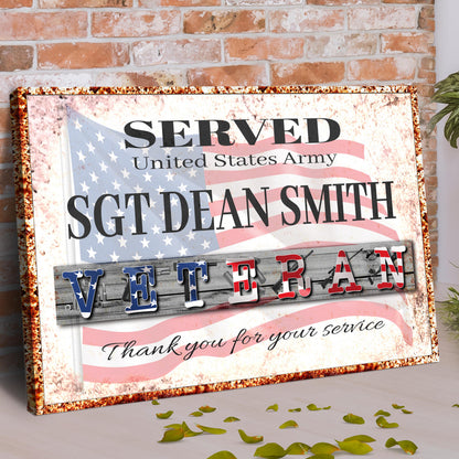 Thank You For Your Service Veterans Sign canvas with rusted frame and American flag design on Tampa Home & Garden Store